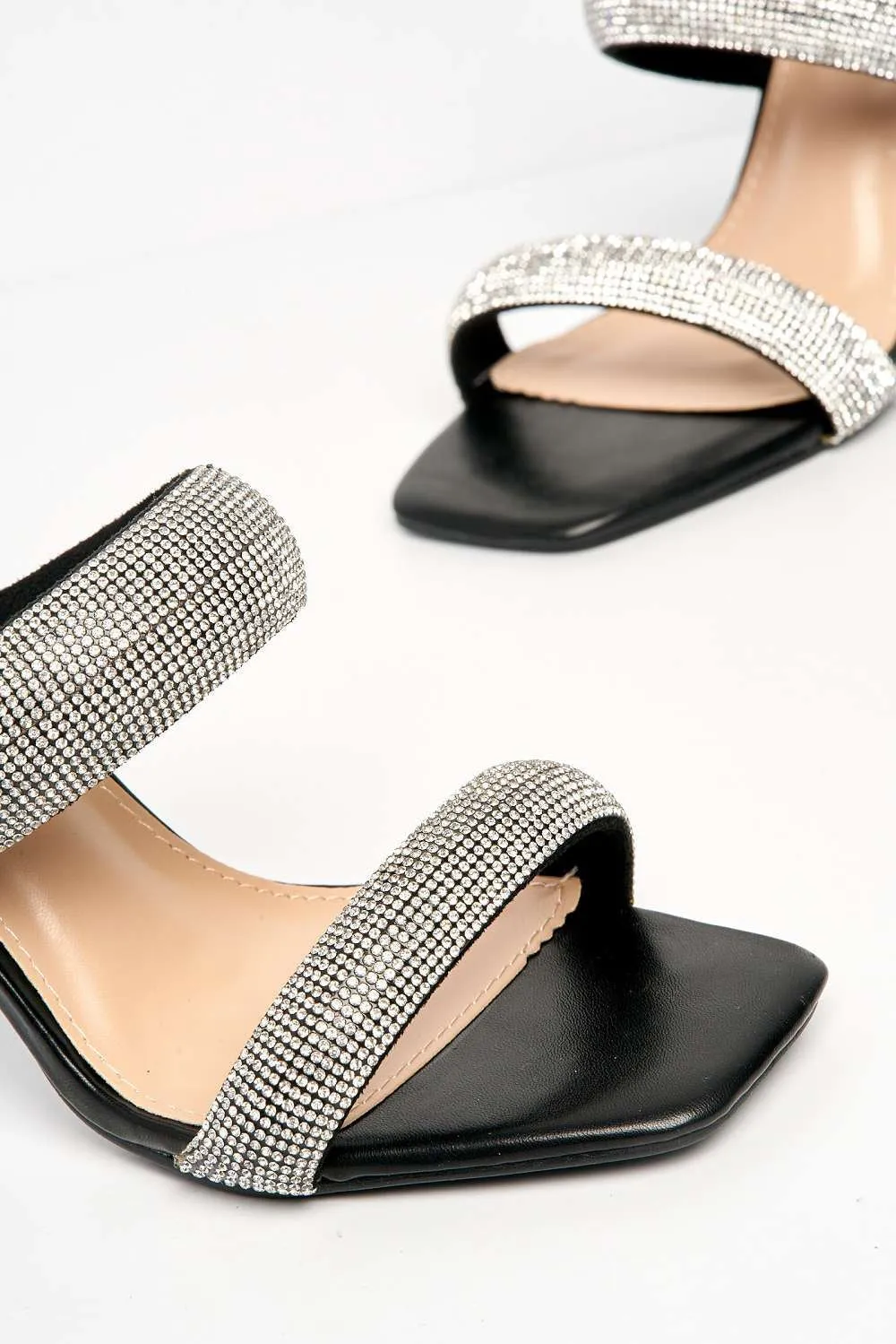 Cait 2 Strap Diamante Band Block Heel Mule in Black