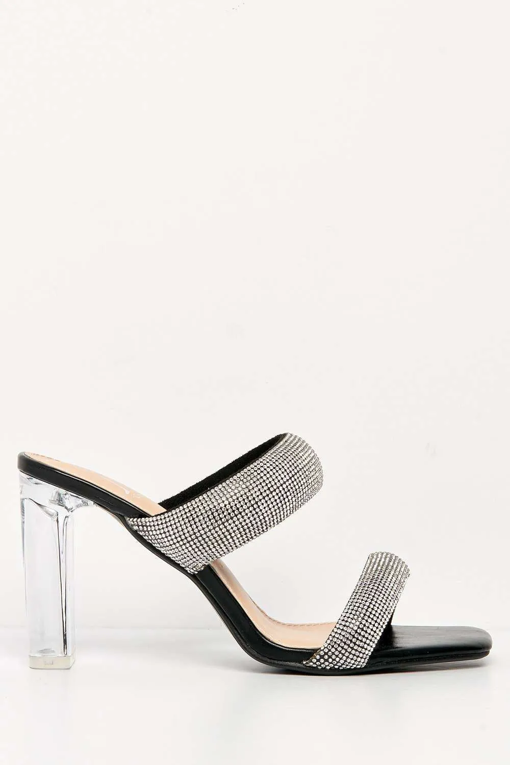 Cait 2 Strap Diamante Band Block Heel Mule in Black