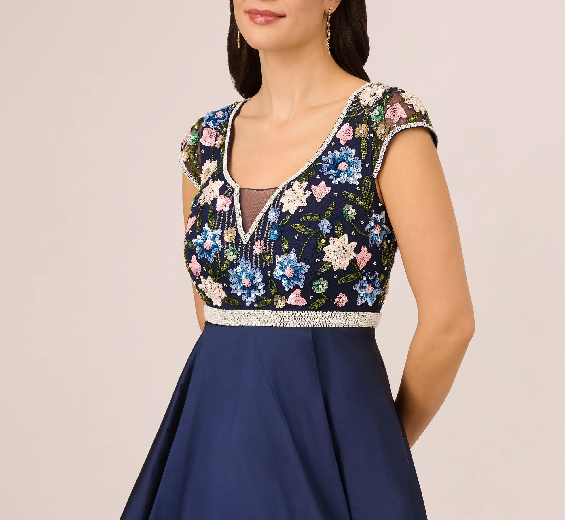 Cap Sleeve Beaded Gown With Taffeta High Low Skirt In Light Navy