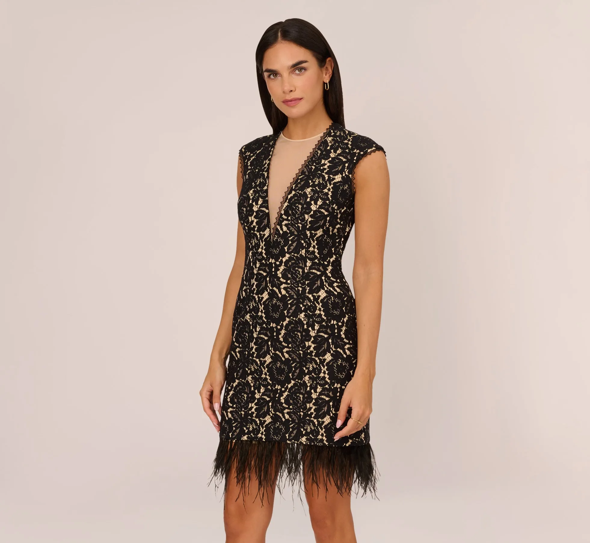 Cap Sleeve Lace Cocktail Dress With Feather Trim In Black Nude