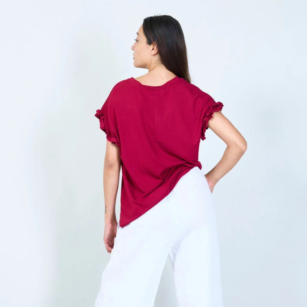 Casual crew neck top with ruffle sleeves wholesale