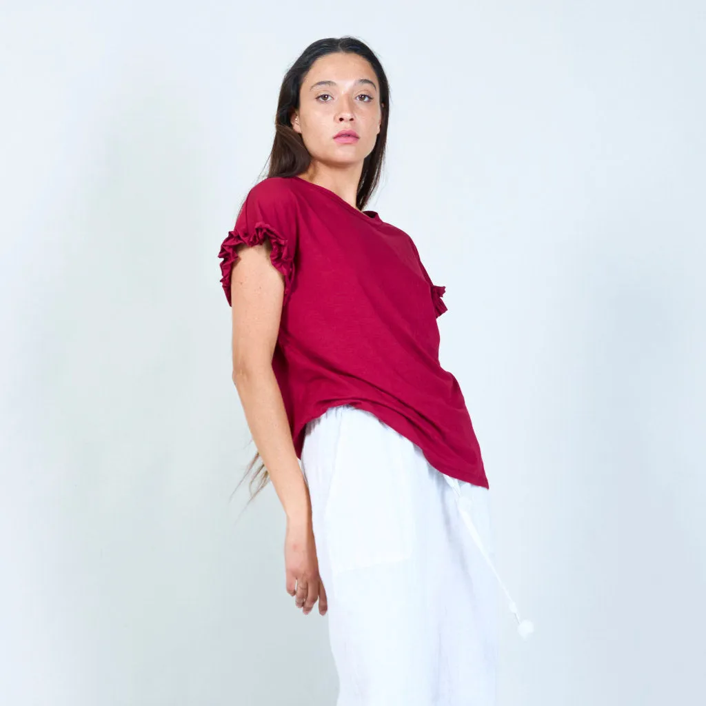 Casual crew neck top with ruffle sleeves wholesale