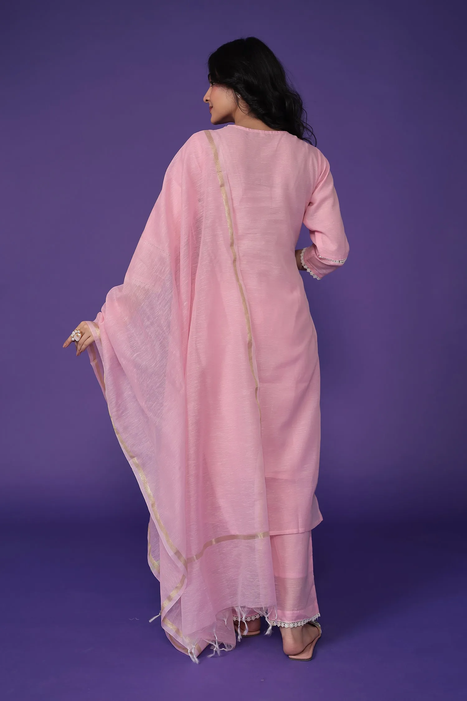 Chanderi Kurta Set Stitched with Embroidered work