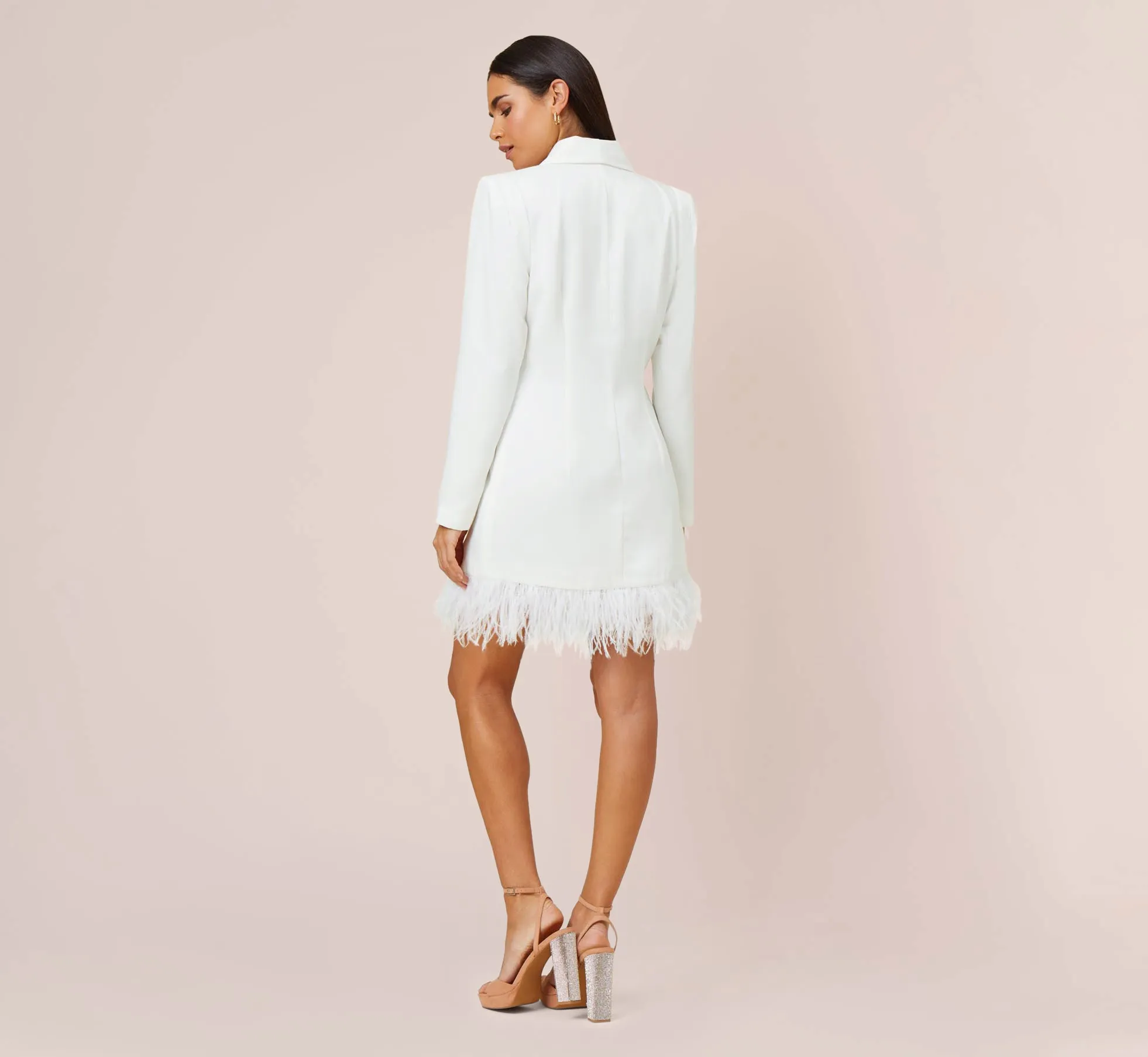 Charmeuse Tuxedo Short Sheath Cocktail Dress With Feather Trim In Ivory