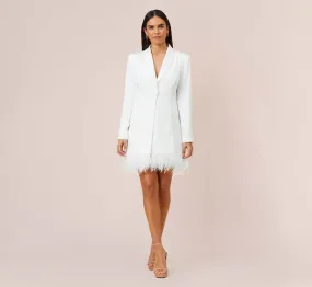 Charmeuse Tuxedo Short Sheath Cocktail Dress With Feather Trim In Ivory