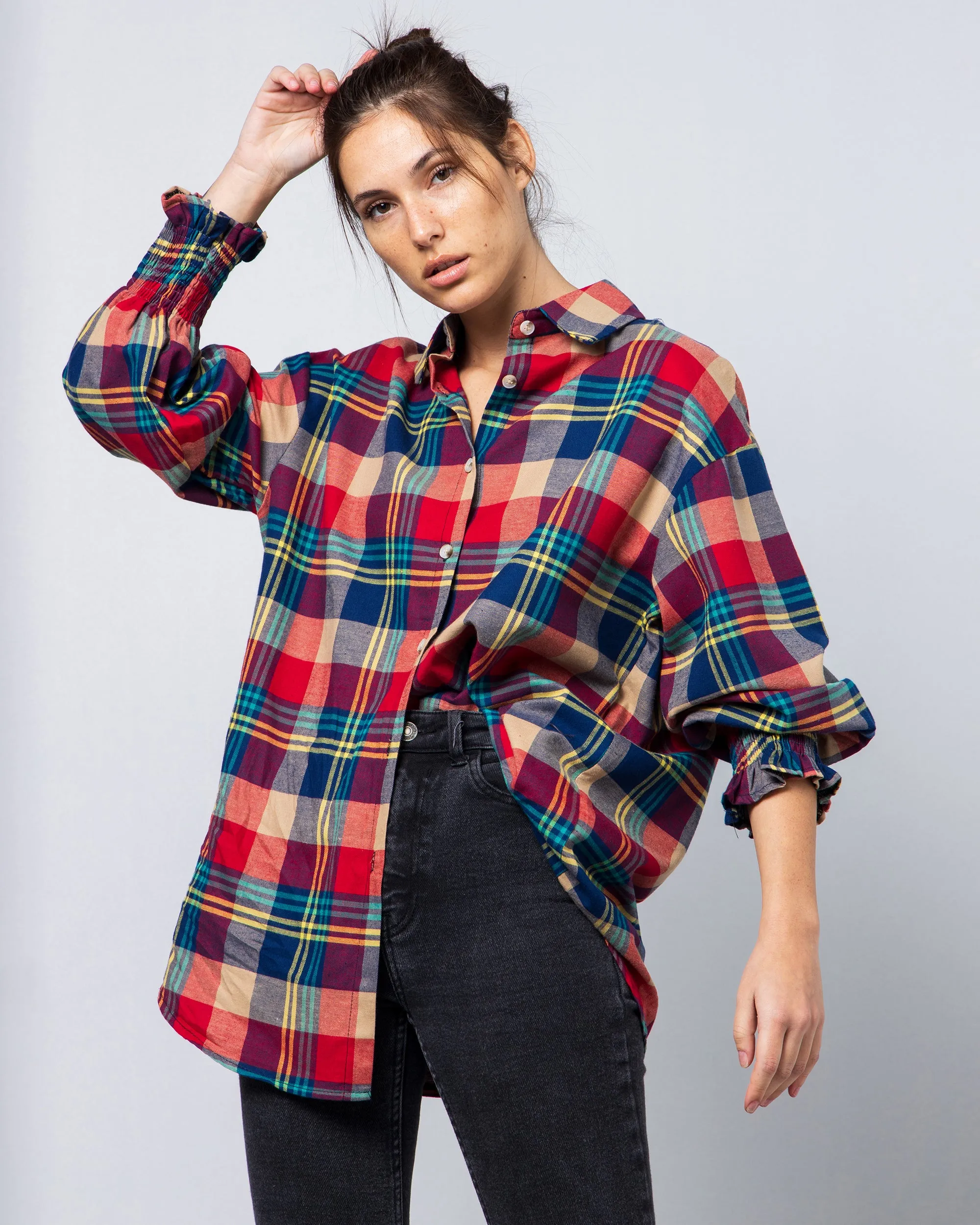 CHECKED RUFFLES SLEEVES WOOL SHIRT 1813 - قميص