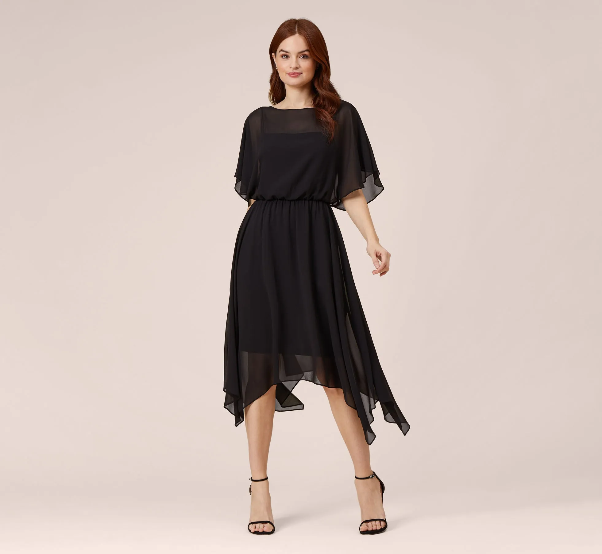 Chiffon Blouson Midi Dress With Flutter Sleeves In Black