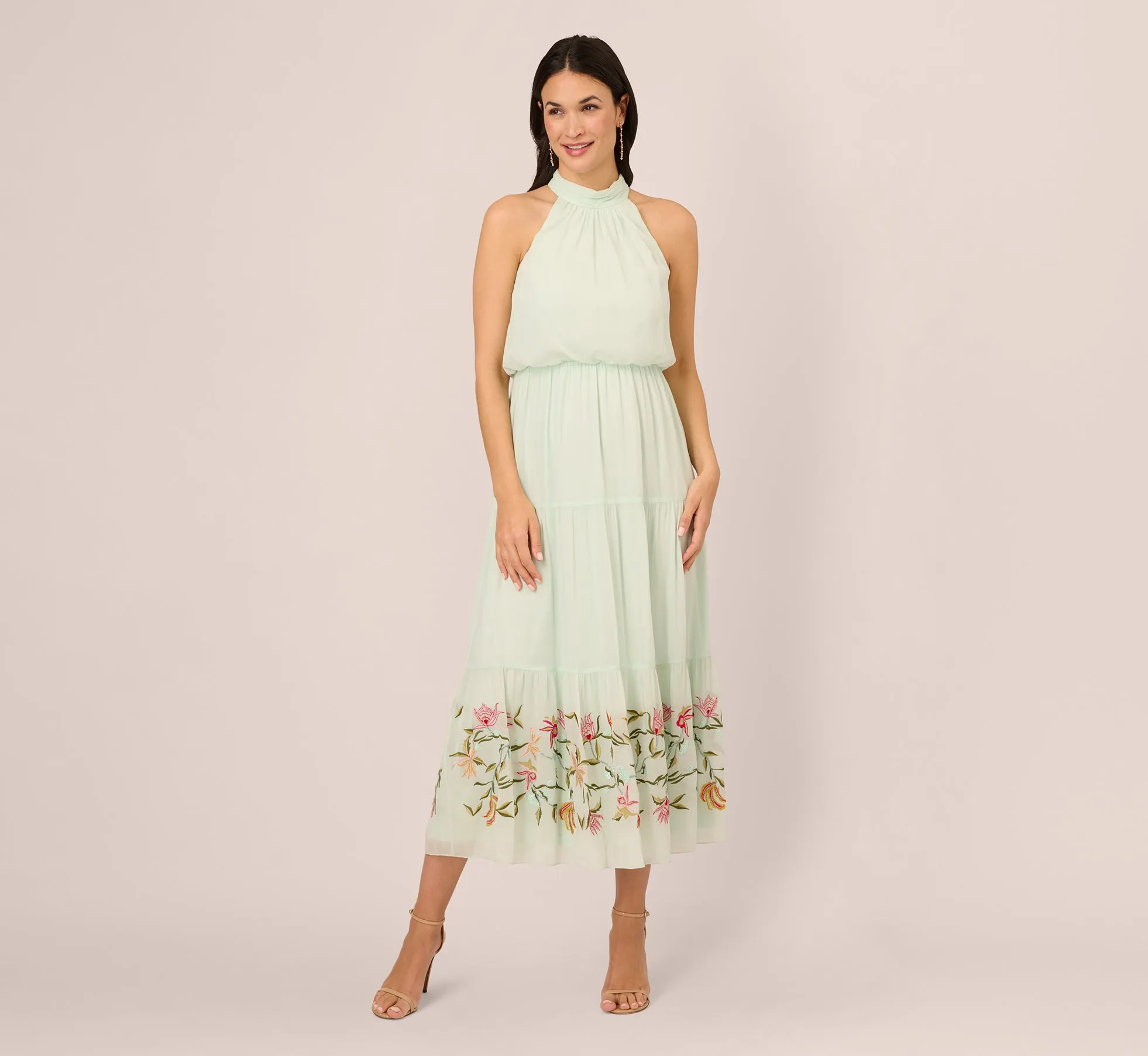 Chiffon Halter Midi Dress With Floral Embroidered Skirt In Mint Glass