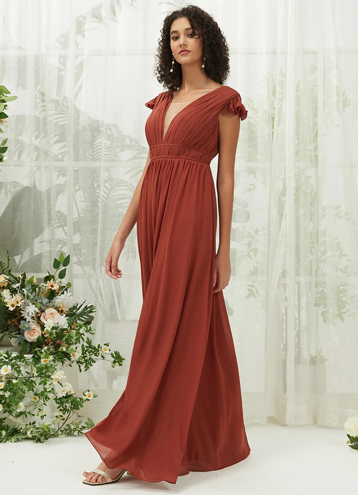 Cinnamon Rose Cap Sleeves Pleated V-Neck Chiffon Maxi Bridesmaid Dress