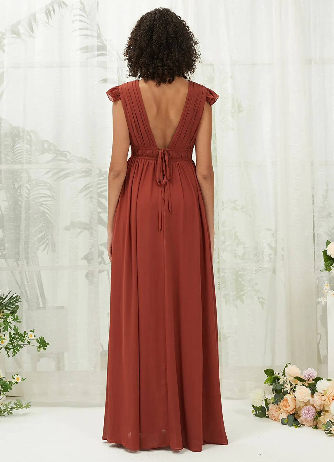 Cinnamon Rose Cap Sleeves Pleated V-Neck Chiffon Maxi Bridesmaid Dress