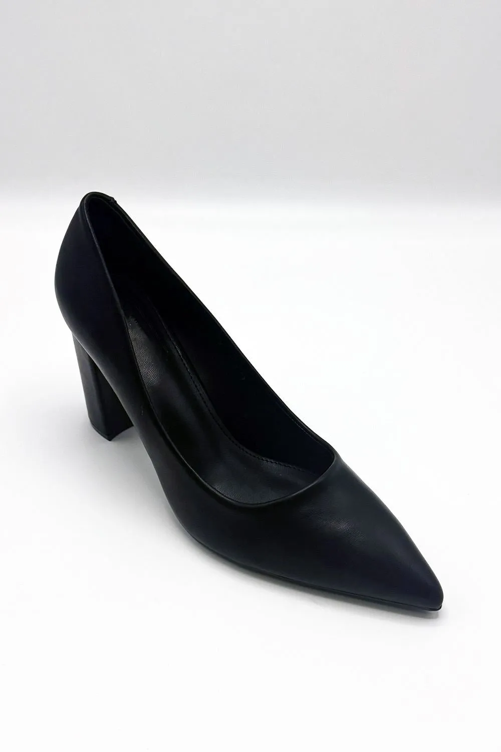 Clara Block Heel Pointed Toe Court Shoes in Black Matt