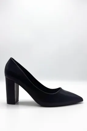 Clara Block Heel Pointed Toe Court Shoes in Black Matt