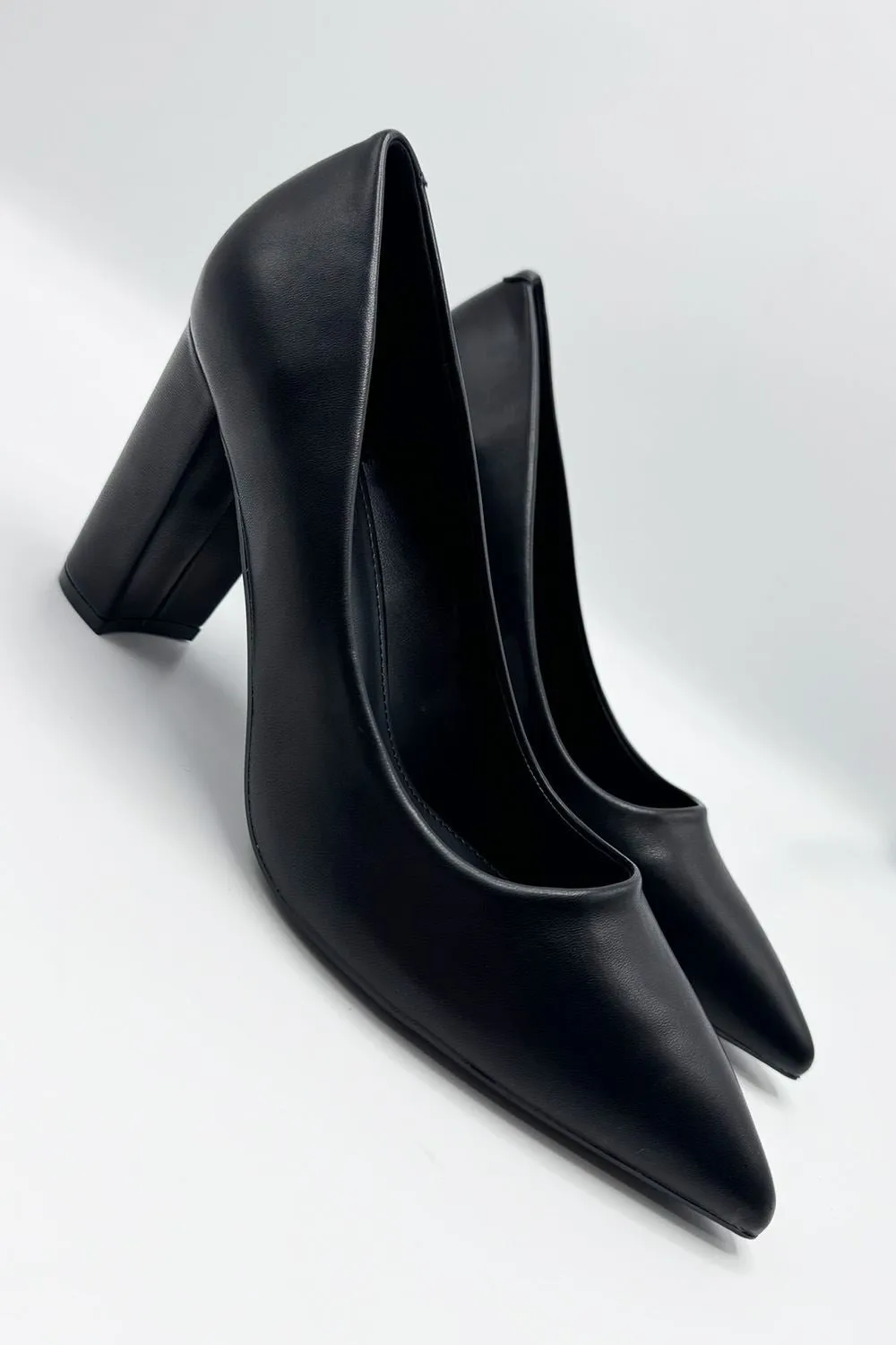 Clara Block Heel Pointed Toe Court Shoes in Black Matt