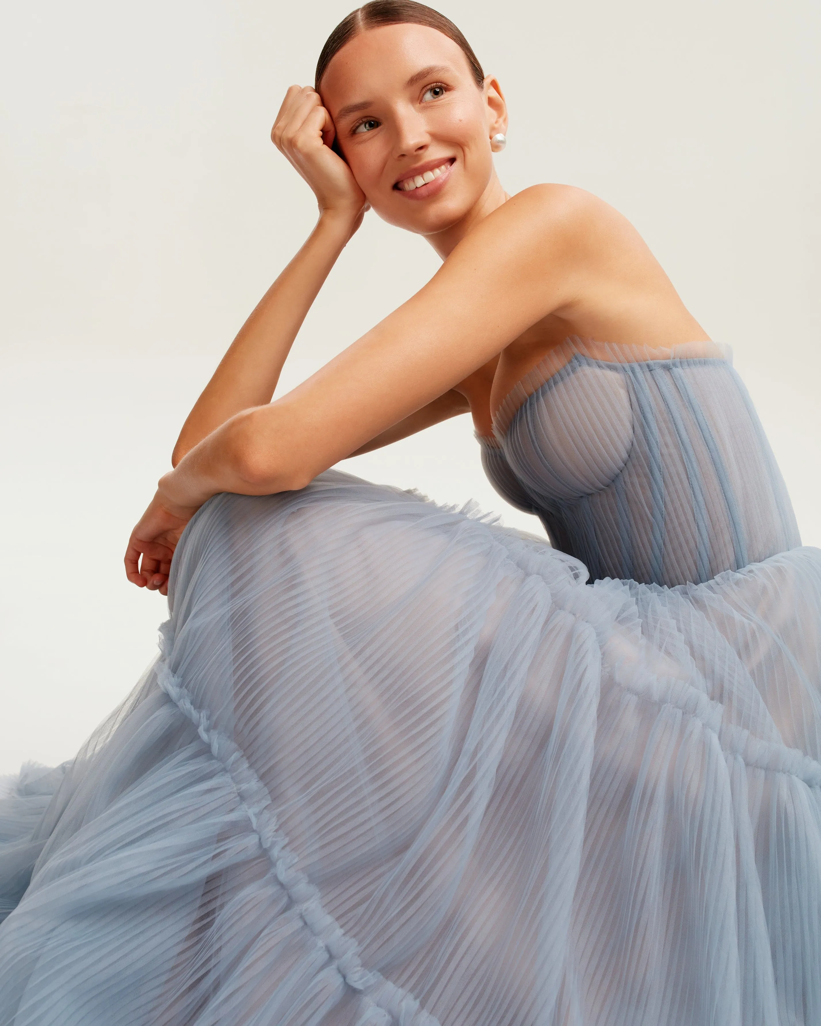 Cloudy blue tulle maxi dress with ruffled skirt, Garden of Eden