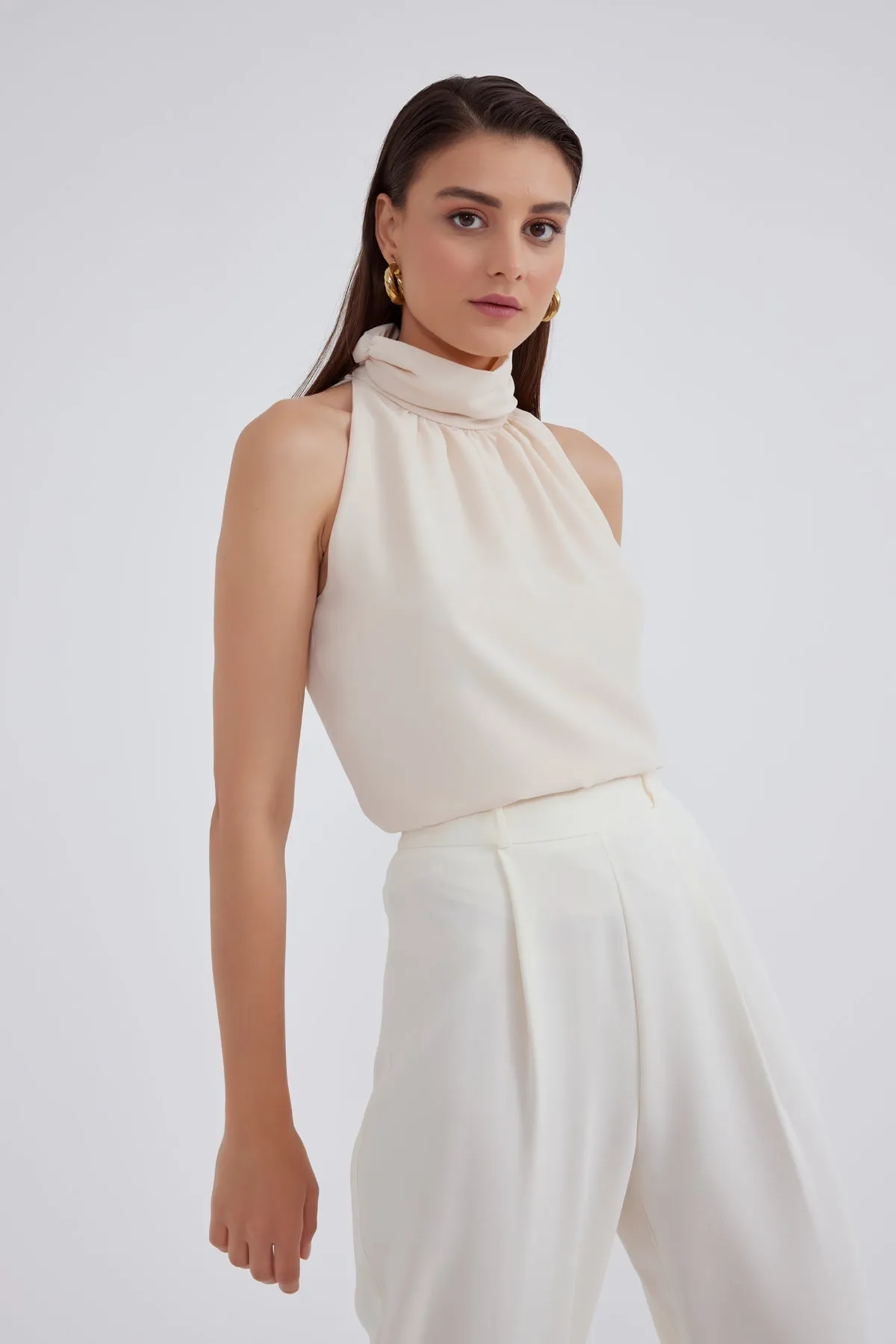 Collared sleeveless Top - BEIGE