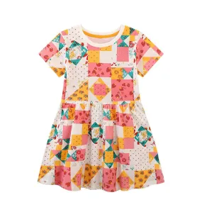 Colorful Pattern Design Short Sleeve Summer Little Girls Dress