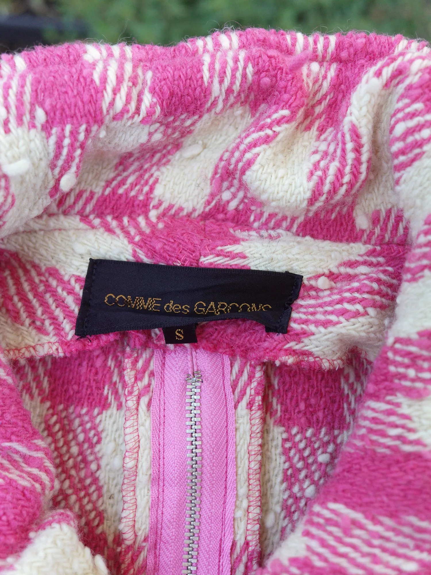 Comme des Garcons 1991 pink cream wool check zipped seam peacoat - womens S