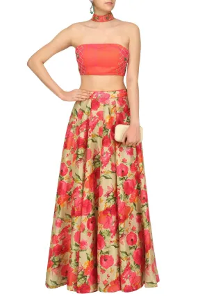 Coral Floral Lehenga Set