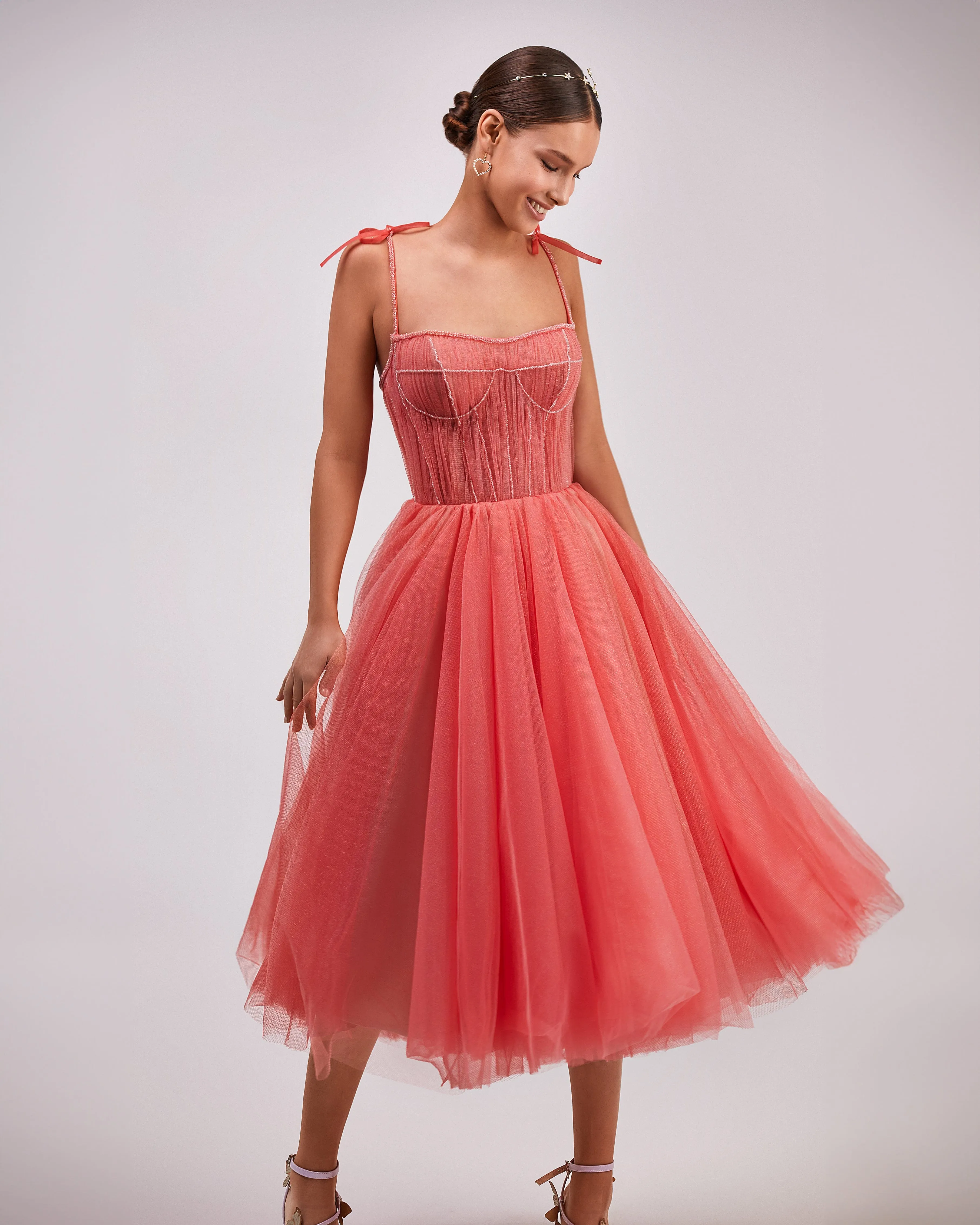 Coral Tie-strap cocktail dress with the elegant corset embroidery