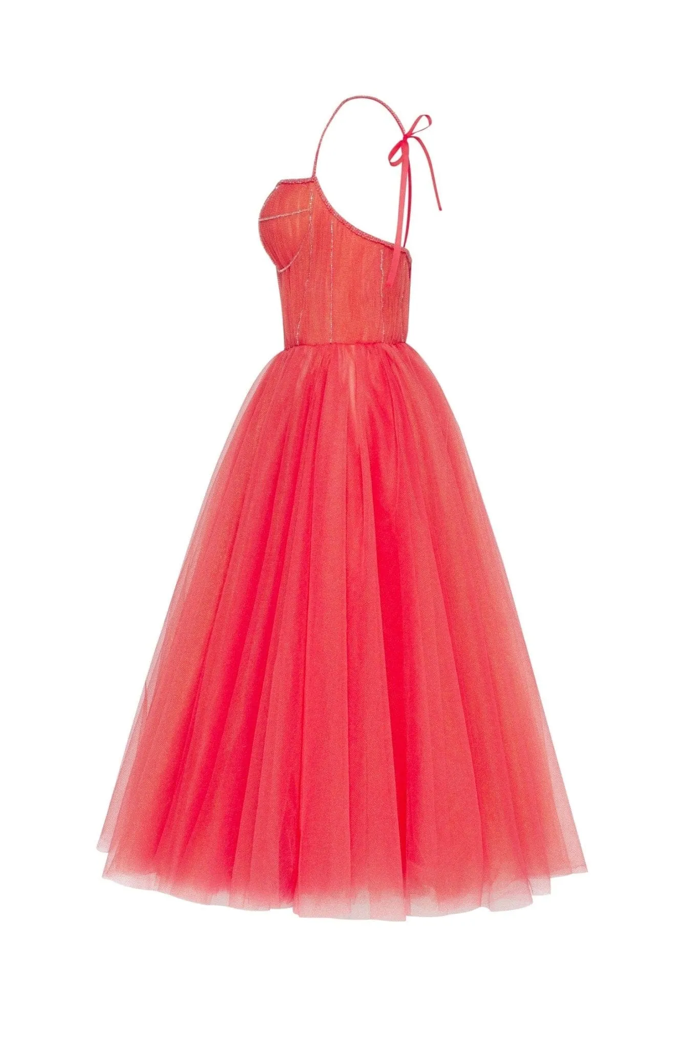 Coral Tie-strap cocktail dress with the elegant corset embroidery