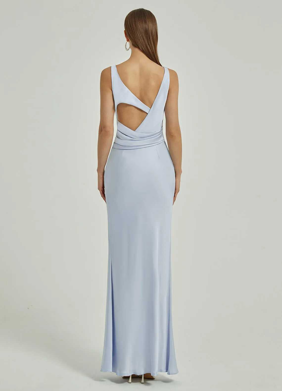 Cornflower Blue Silk Satin Cowl Neck Sheath Backless Maxi Bridesmaid Dress