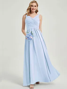 Cornflower Blue Wide Straps Sleeveless V-Neck Pleated Bridesmaid Dress