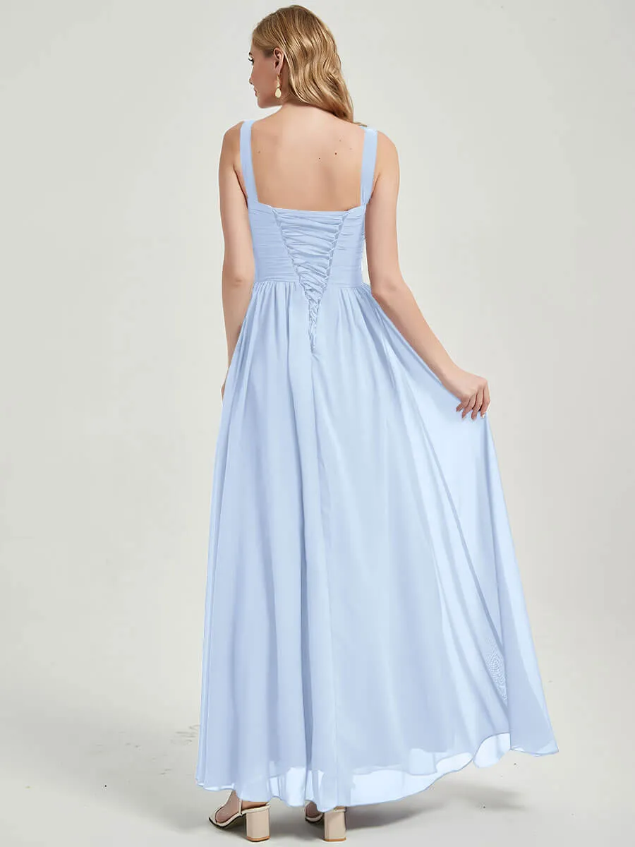 Cornflower Blue Wide Straps Sleeveless V-Neck Pleated Bridesmaid Dress