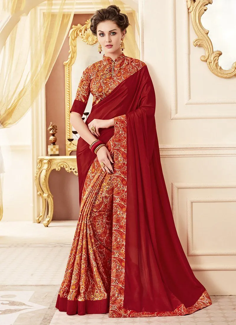 Crepe Silk Party Casual Printed Work Saree- dark red