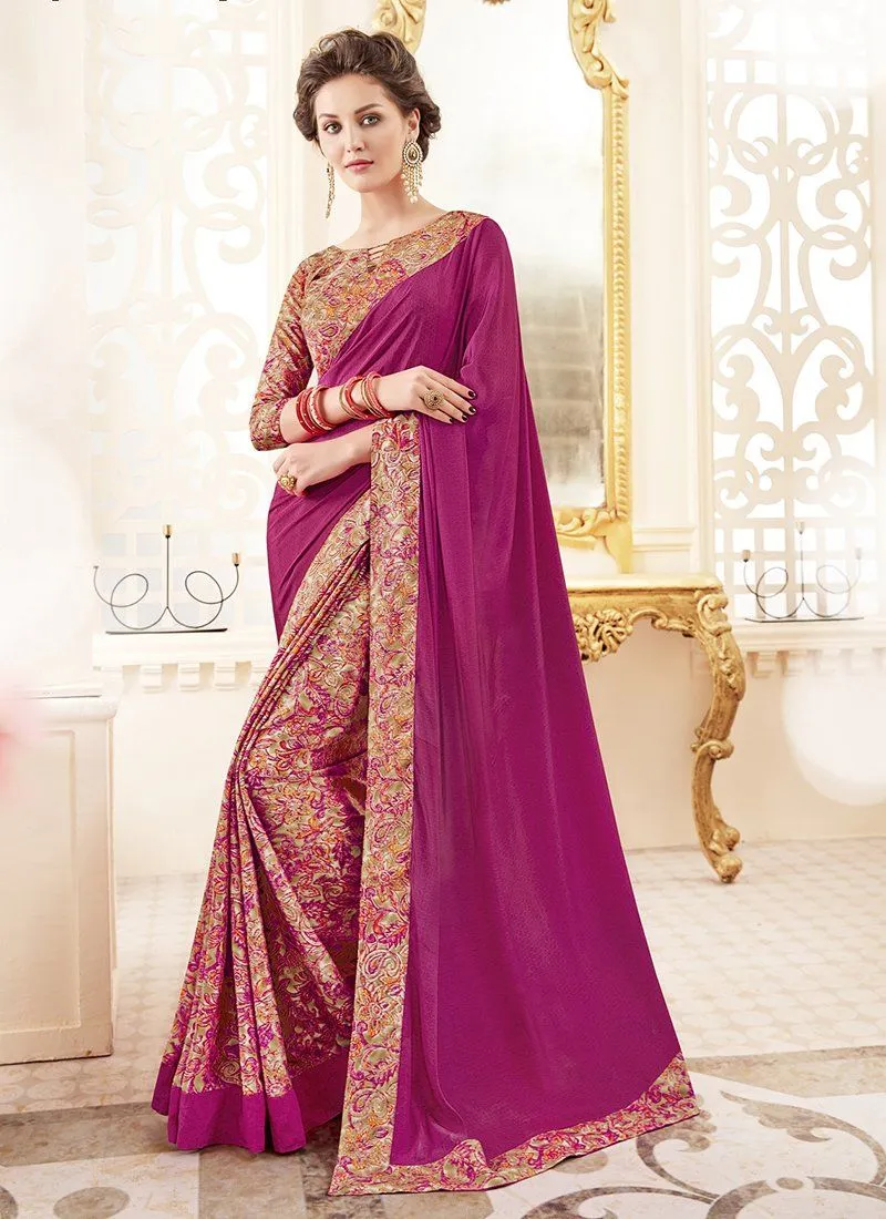 Crepe Silk Party Casual Printed Work Saree- purple