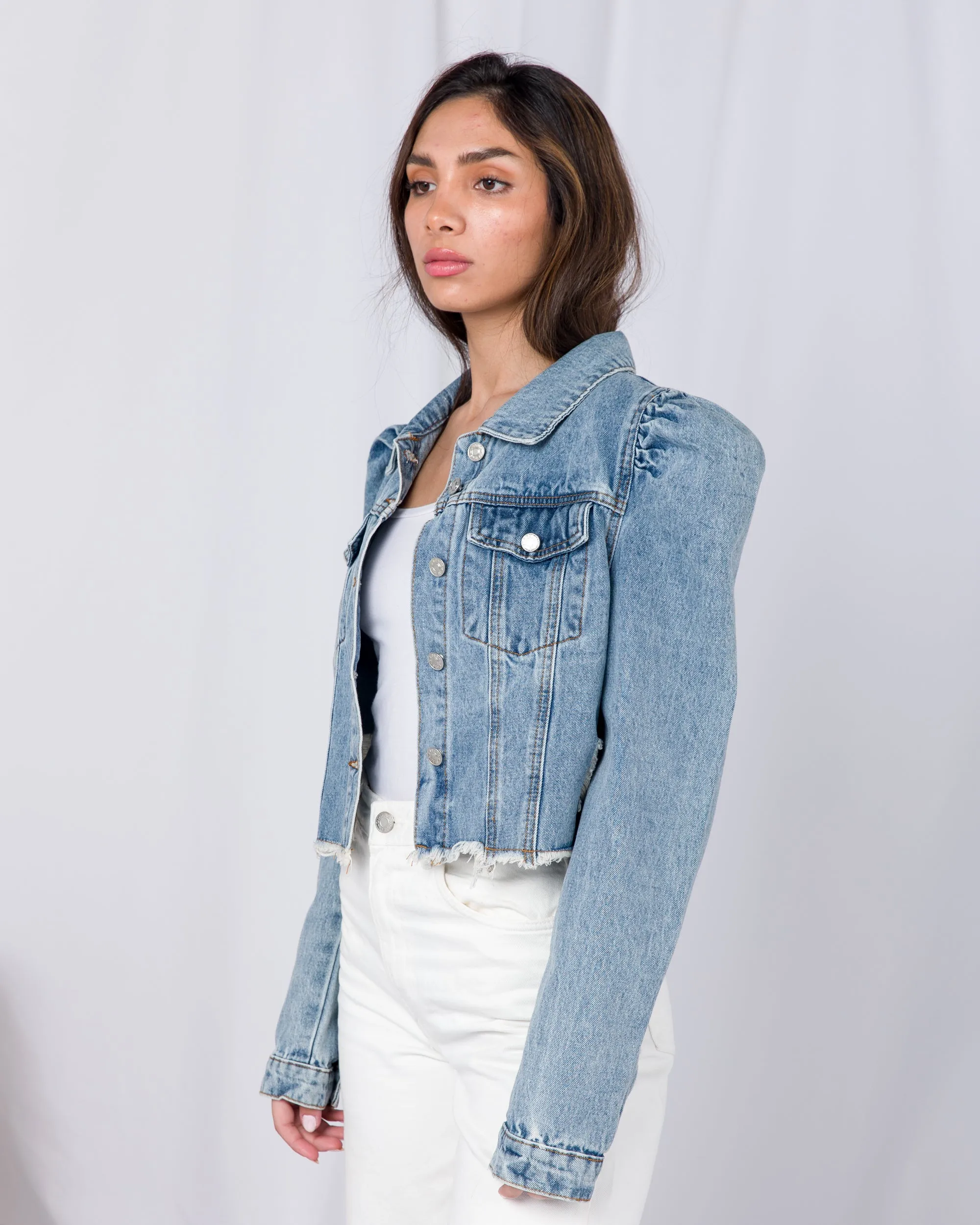 Cropped Puff Sleeve Button-Front Denim Jacket 2679 - جاكيت