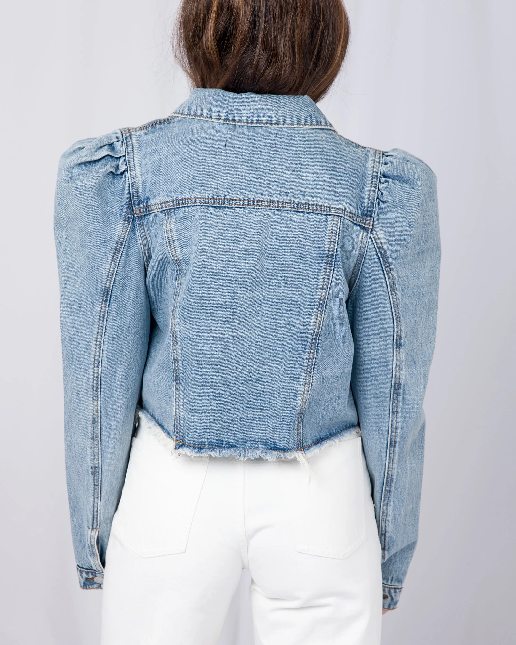 Cropped Puff Sleeve Button-Front Denim Jacket 2679 - جاكيت