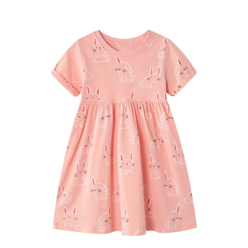 Cute Bunny Pattern Pink Short Sleeve Girls Summer Tutu Dress