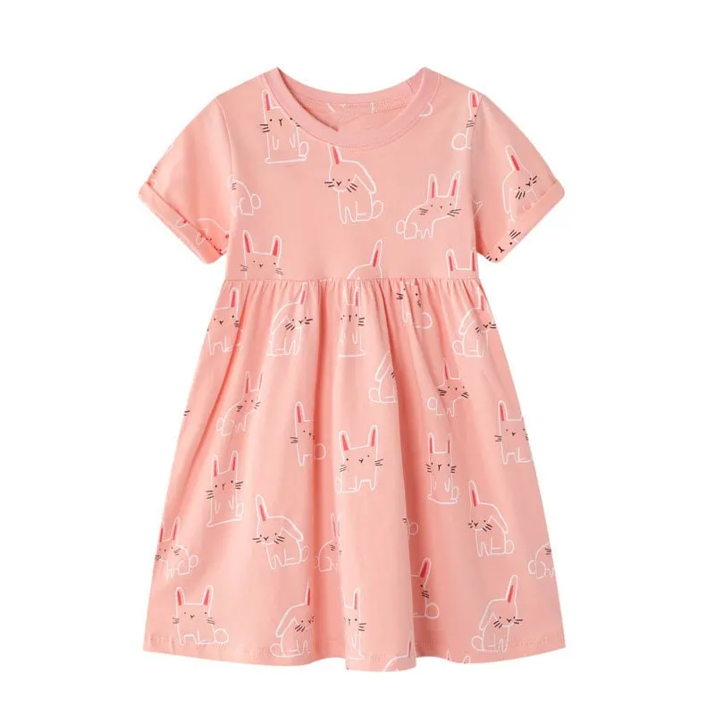 Cute Bunny Pattern Pink Short Sleeve Girls Summer Tutu Dress