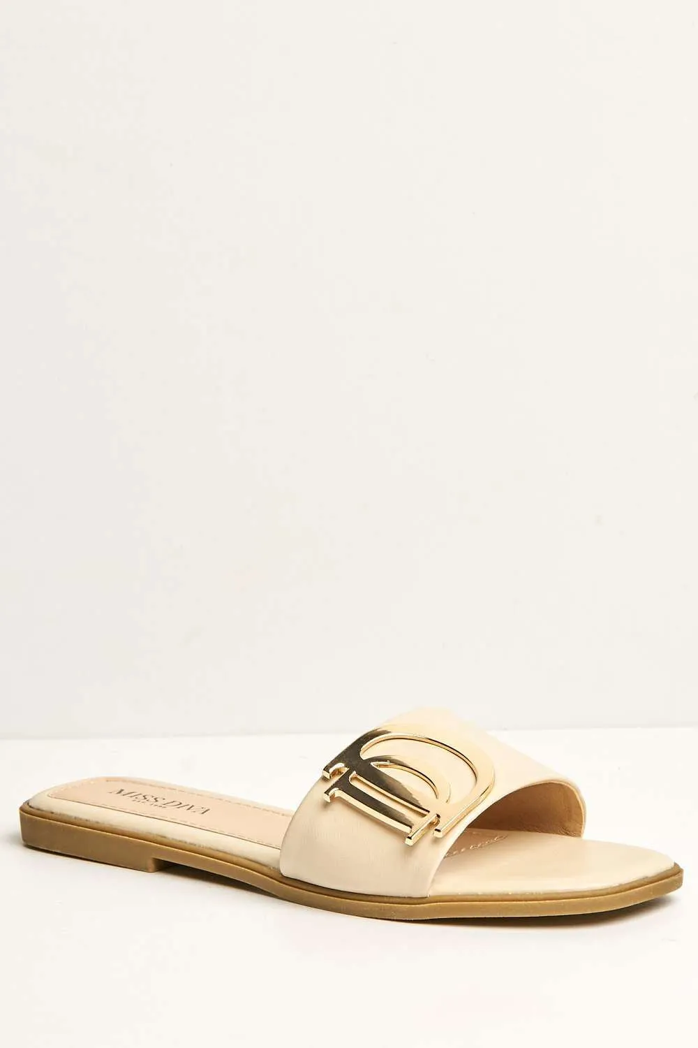 Darcy D Letters Broach Flat Sliders in Beige