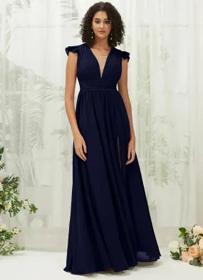 Dark Navy Cap Sleeves Pleated V-Neck Chiffon Maxi Bridesmaid Dress