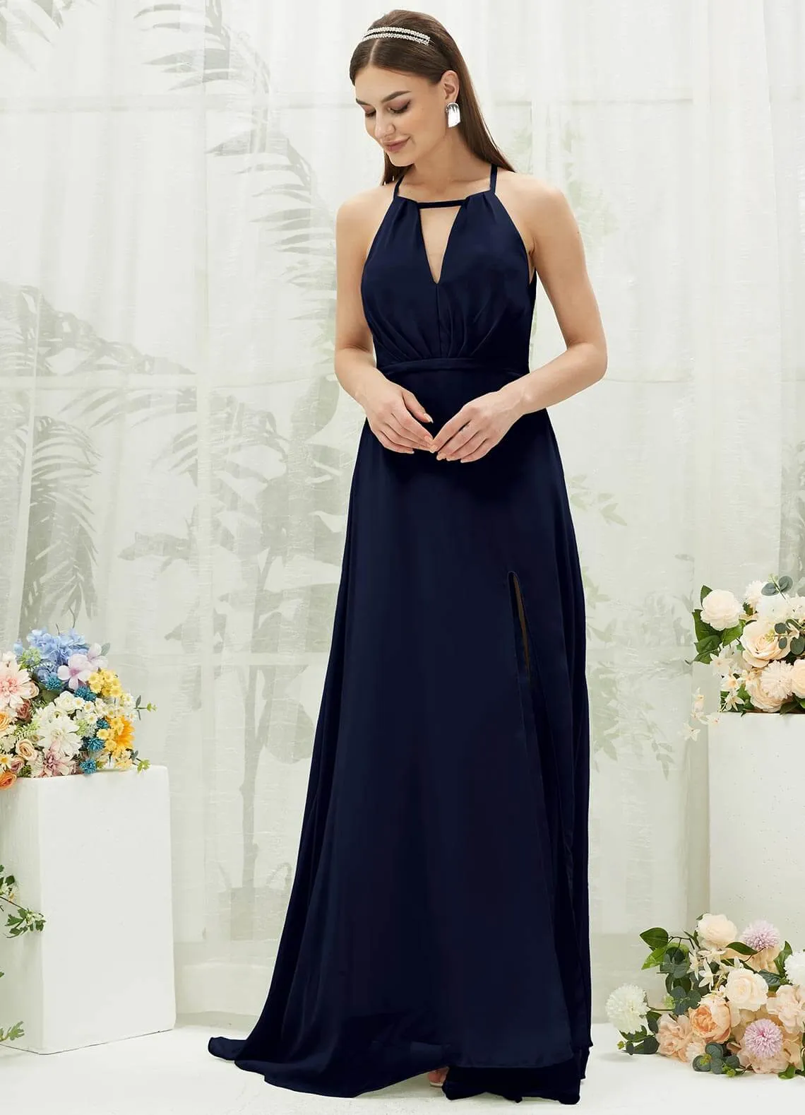 Dark Navy Chiffon Halter V-Neck Slit  Backless Maxi Bridesmaid Dress