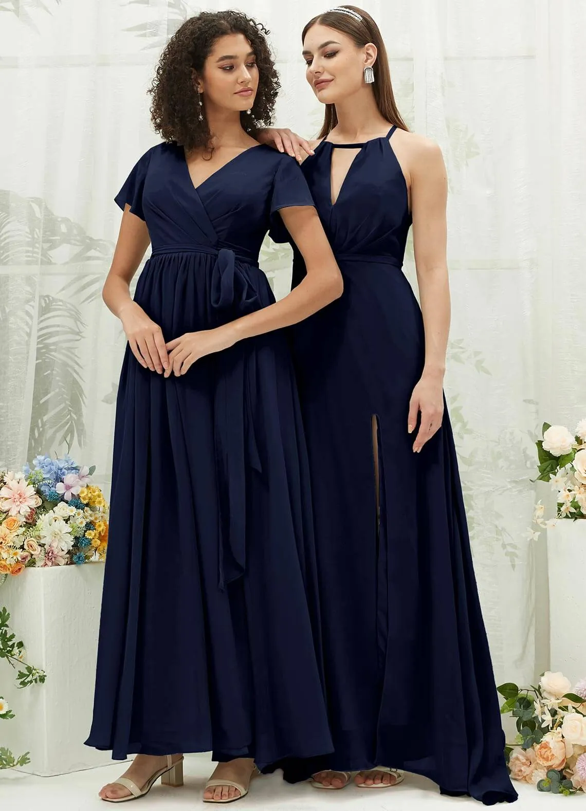 Dark Navy Chiffon Halter V-Neck Slit  Backless Maxi Bridesmaid Dress