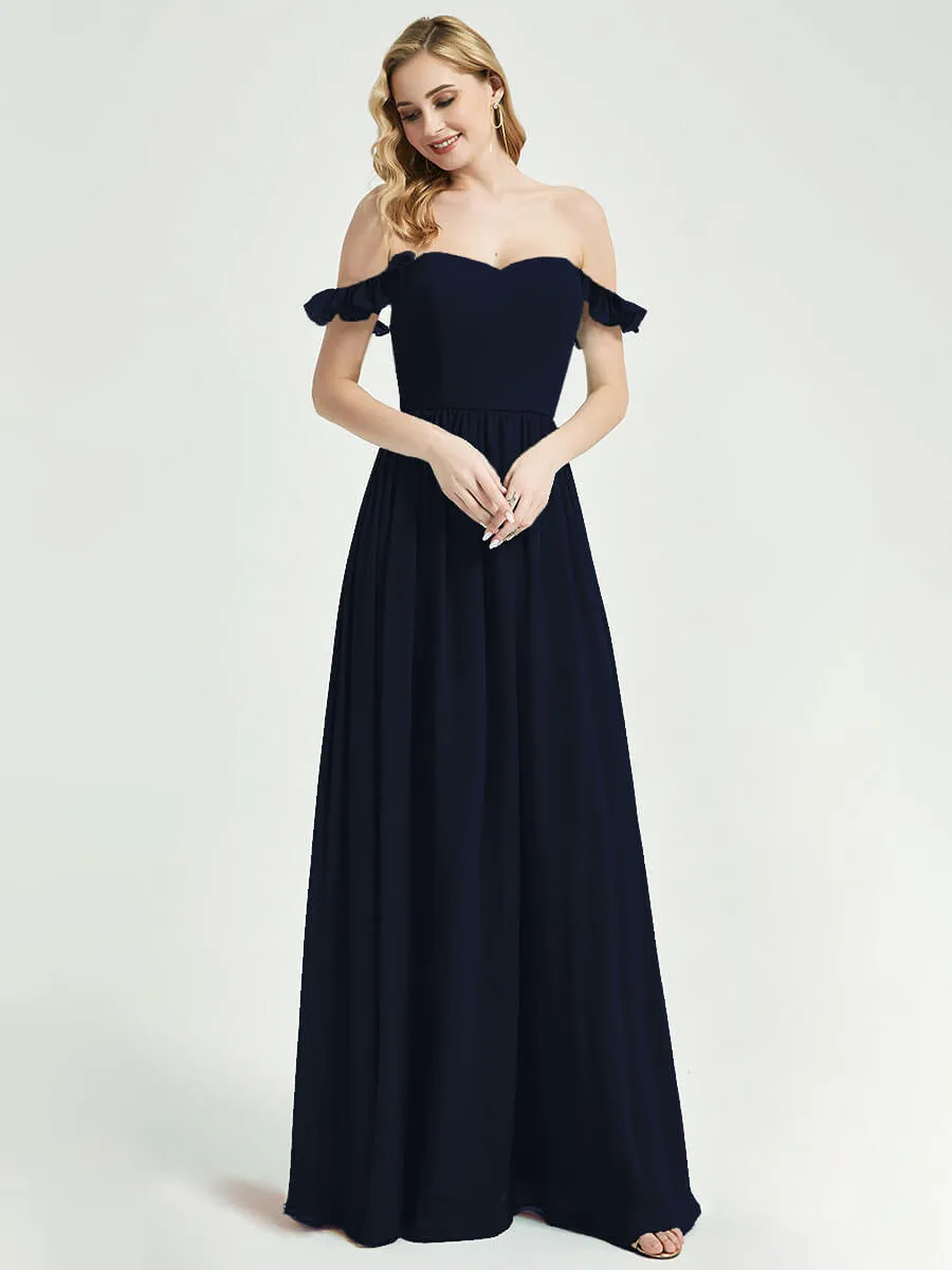 Dark Navy Detachable Straps Convertible Chiffon Bridesmaid Dress