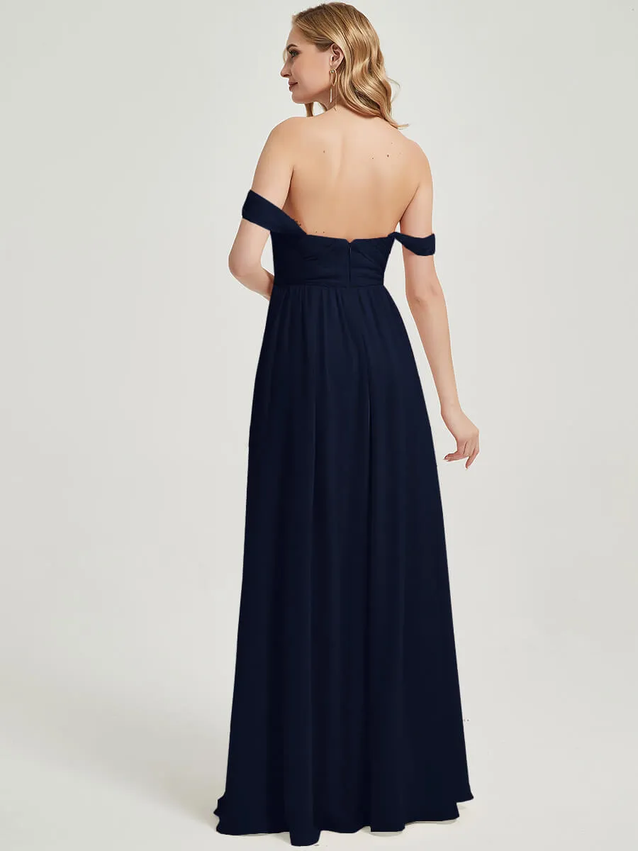 Dark Navy Pleated Convertible Floor Length Chiffon Bridesmaid Dress