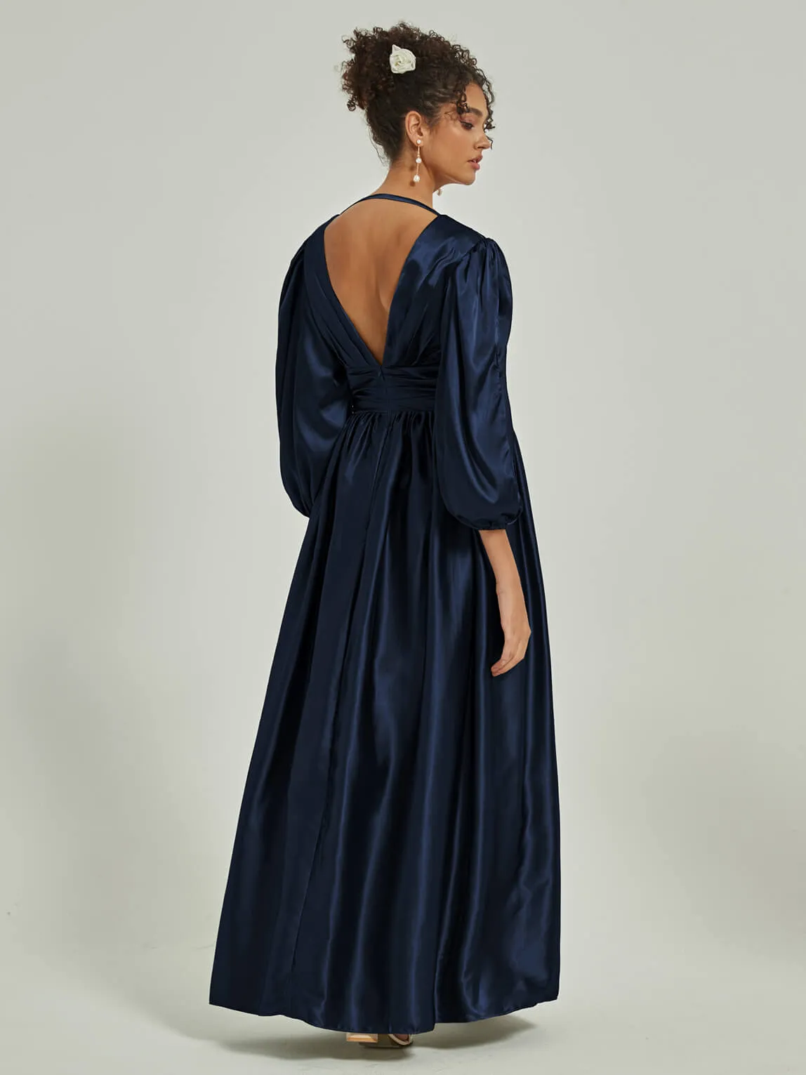 Dark Navy Satin 3/4 Long Slit Sleeve V-Neck Slit Pleated Bridesmaid Dress