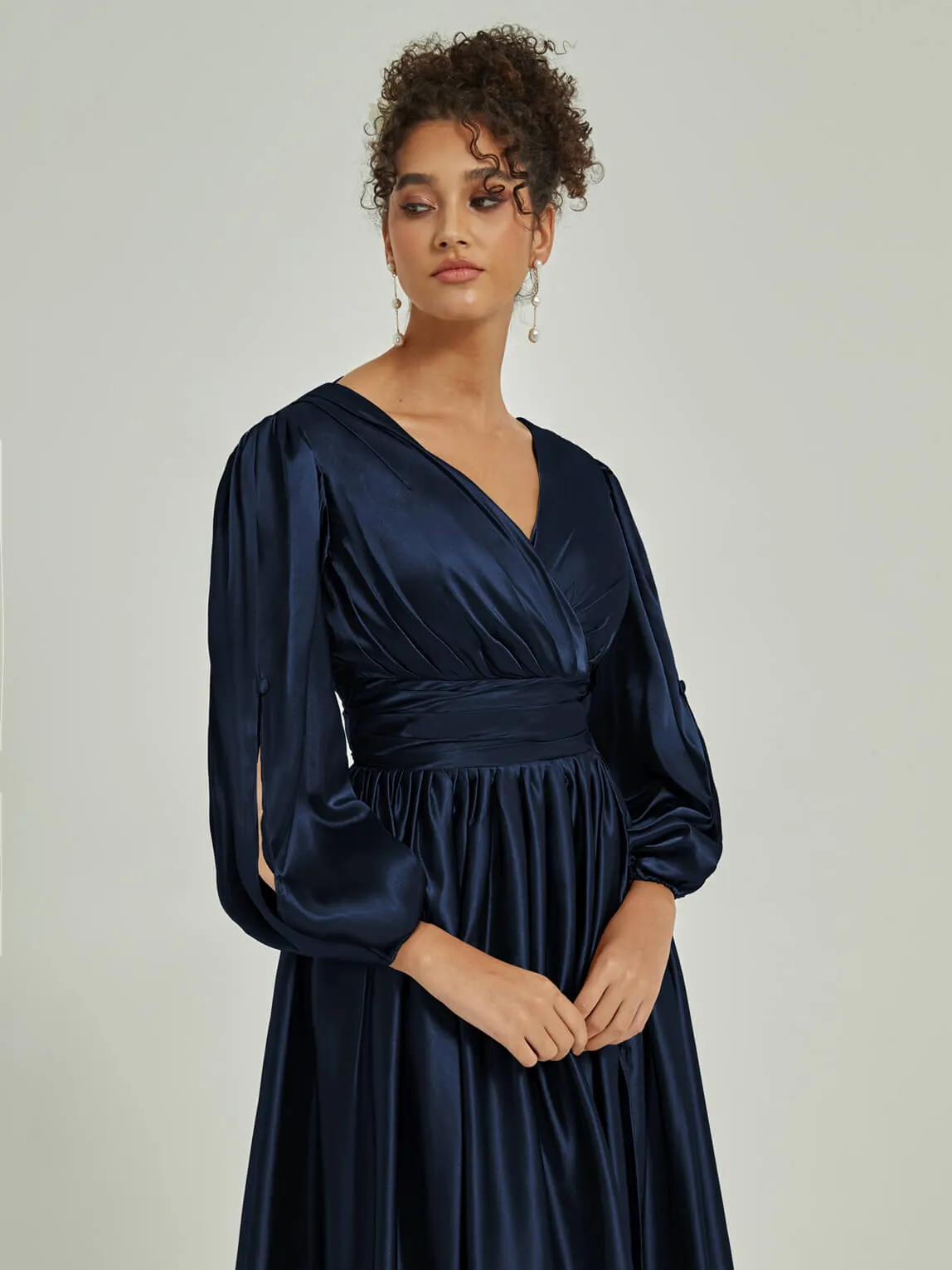 Dark Navy Satin 3/4 Long Slit Sleeve V-Neck Slit Pleated Bridesmaid Dress