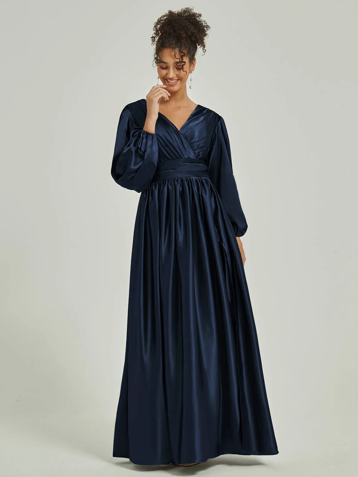 Dark Navy Satin 3/4 Long Slit Sleeve V-Neck Slit Pleated Bridesmaid Dress