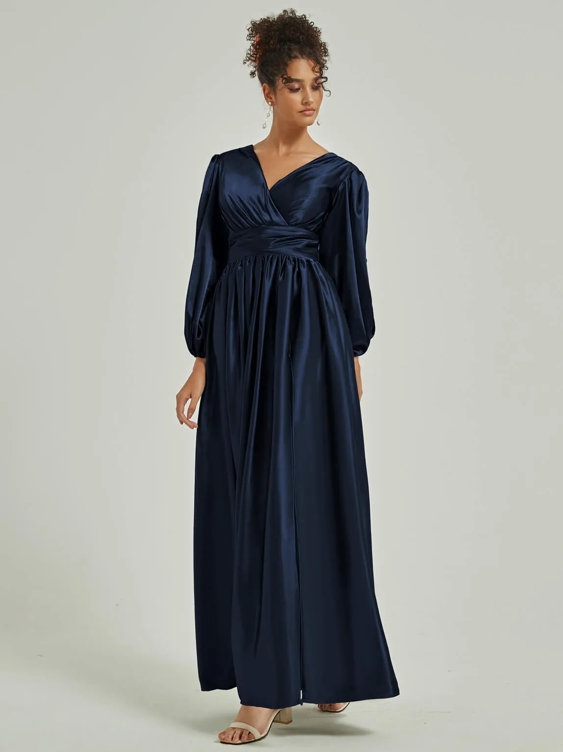 Dark Navy Satin 3/4 Long Slit Sleeve V-Neck Slit Pleated Bridesmaid Dress