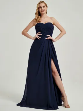 Dark Navy Strapless Floor-Length A-Line Bridesmaid Dress With Slit