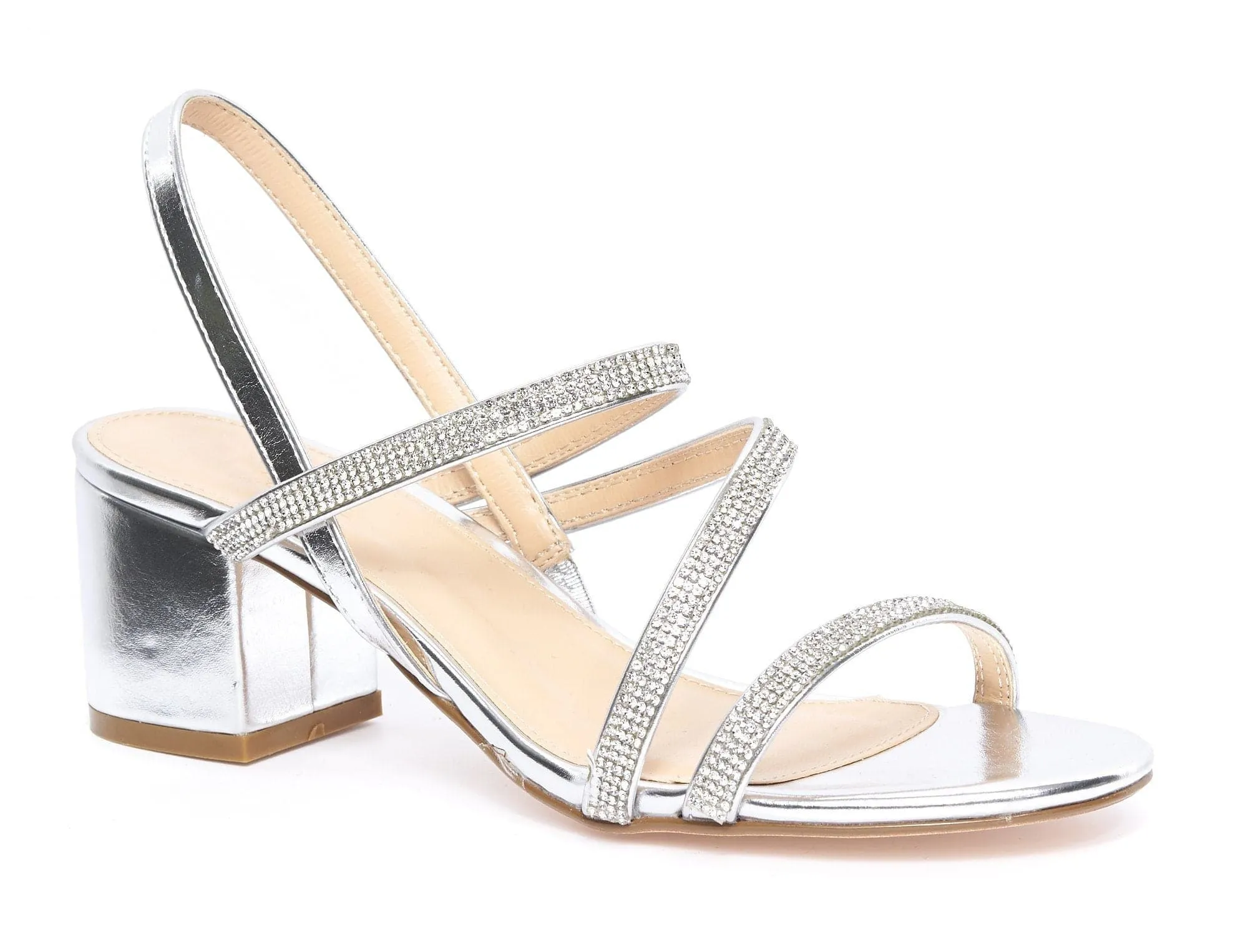 Darwin Crisscross Diamante Slingback Block Heel Sandal in Silver