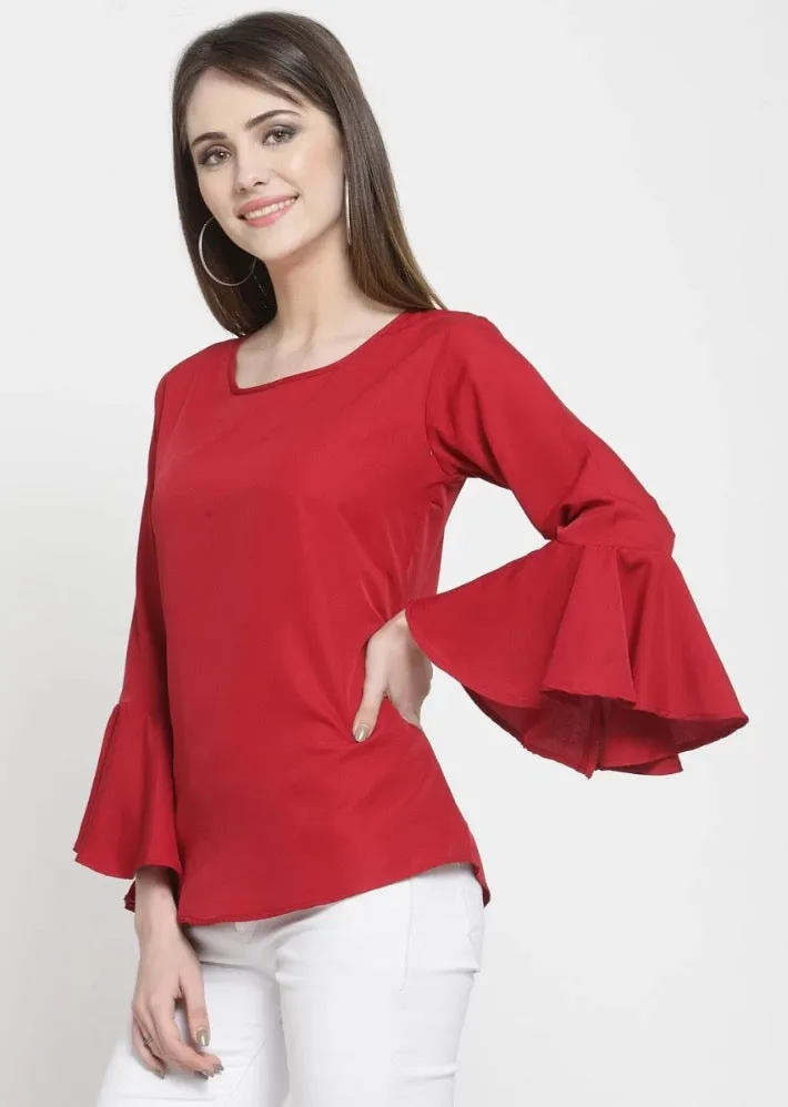 Darzi Party Bell Sleeves printed Maroon Tops