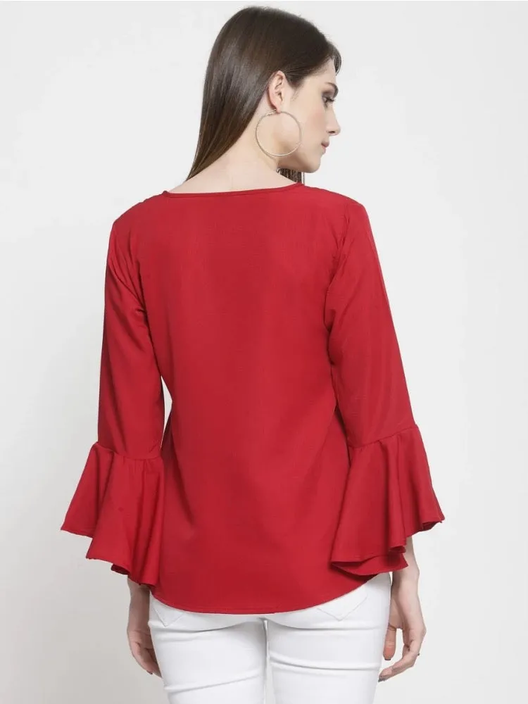 Darzi Party Bell Sleeves printed Maroon Tops