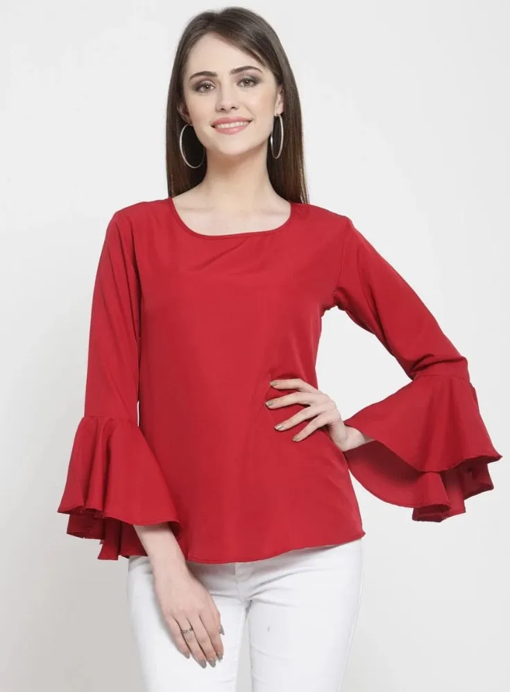 Darzi Party Bell Sleeves printed Maroon Tops