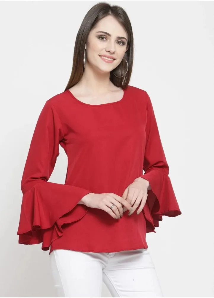 Darzi Party Bell Sleeves printed Maroon Tops