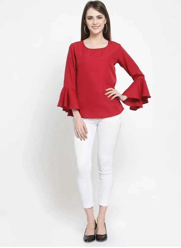 Darzi Party Bell Sleeves printed Maroon Tops